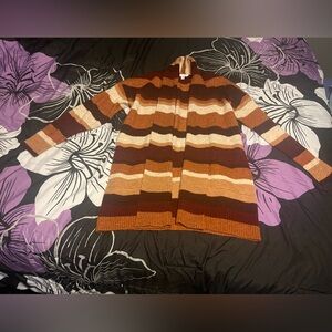 Fuzzy Striped Brown Combo Cardigan, Small